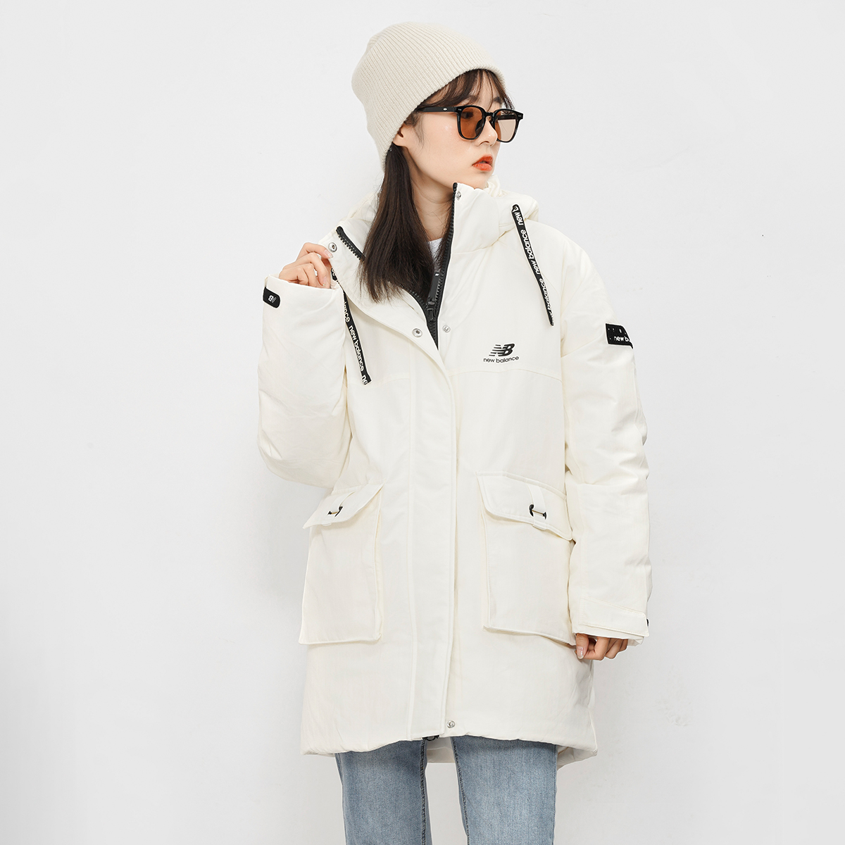 Sizing (Women) New Balance Logo Embroidered Long Down Jacket Winter White Coat. AWJ14350-NMC