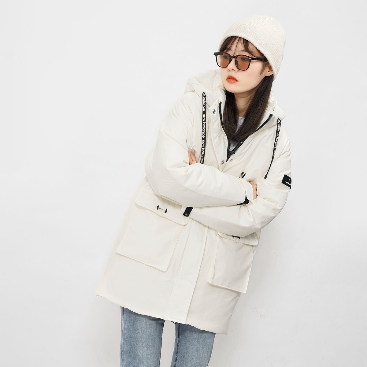 Cheap (Women) New Balance Logo Embroidered Long Down Jacket Winter White Coat. AWJ14350-NMC