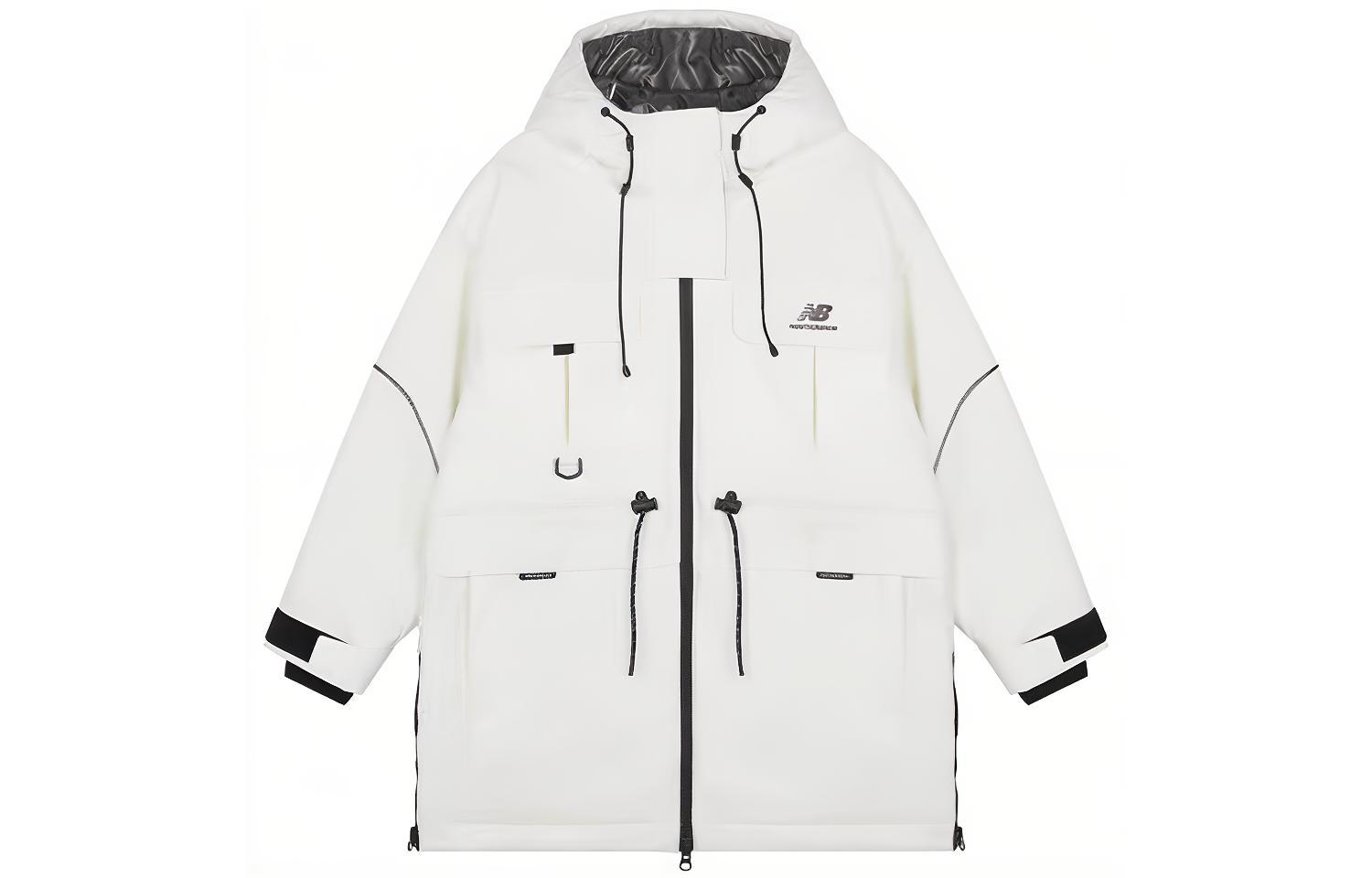 (Women) New Balance White Hooded Long Down Jacket with Multiple Pockets Winter. AWJ14367-NMC