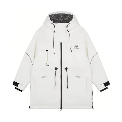 (Women) New Balance White Hooded Long Down Jacket with Multiple Pockets Winter. AWJ14367-NMC