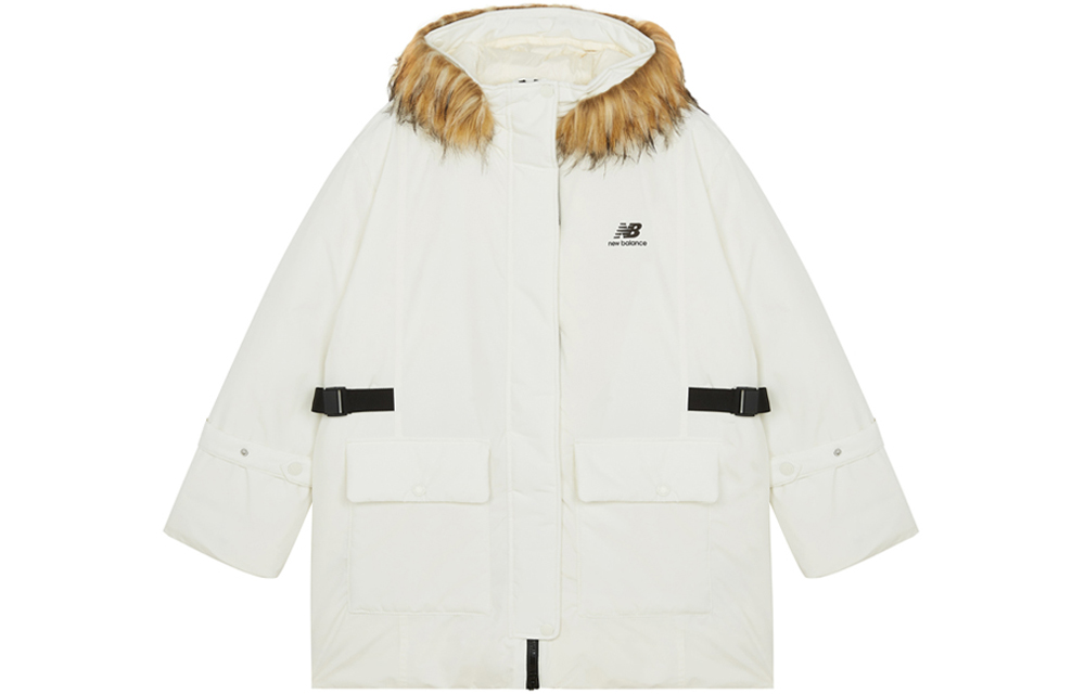 (Women) New Balance White Winter Hooded Down Jacket with Fur Collar. AWJ14352-NMC