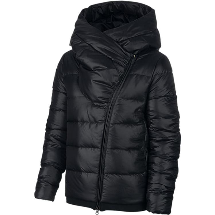 Buy (Women) Nike  Black Quilted Down Jacket with Logo Print Zipper Hoodie Winterwear. AJ7426-010