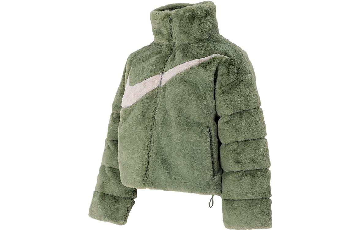 (Women) Nike  Green Furry Logo Printed Casual Jacket Mock Neck FN0461-386