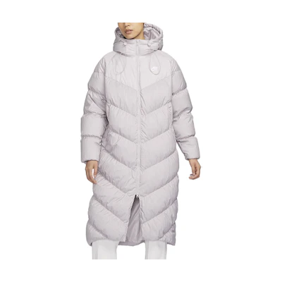 (Women) Nike Water-Repellent Logo Hooded Long Down Jacket Gray Purple. FD8213-019