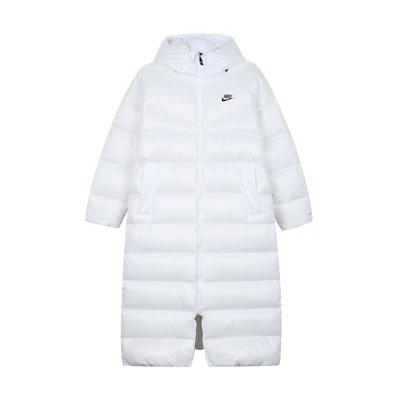 (Women) Nike White Long Down Puffer Coat with Logo - Winter Warmth Essentials. DH4082-100
