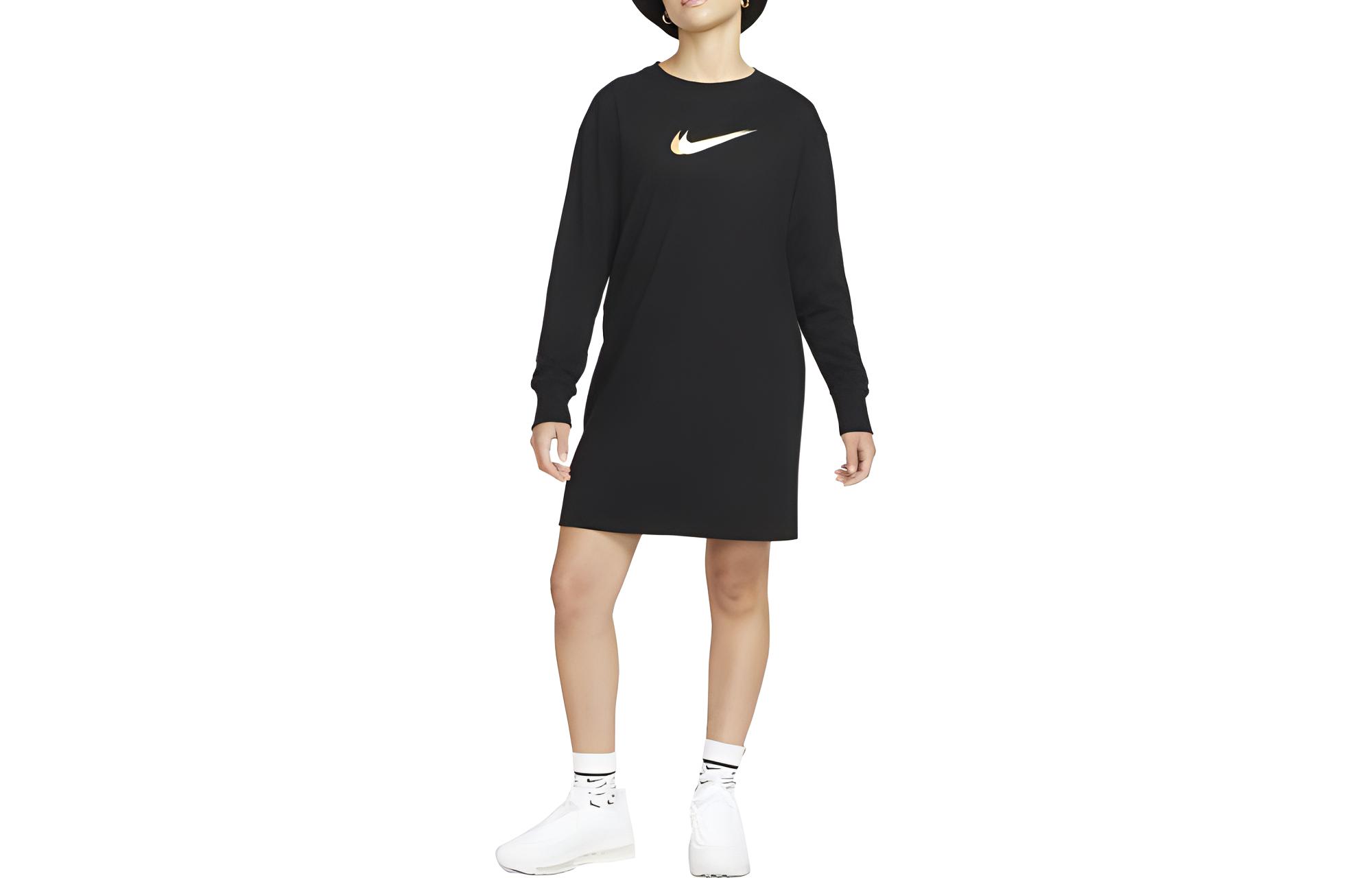 (Women) Nike Black Crewneck Long-Sleeve Midi Dress with Solid Logo Design DO2580-010