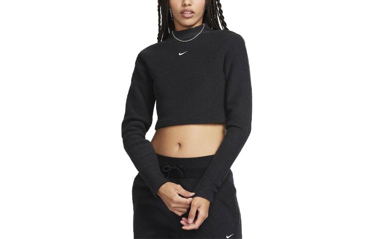 (Women) Nike Black Cropped Fleece Logo Turtleneck Long Sleeve Tee FN3619-010