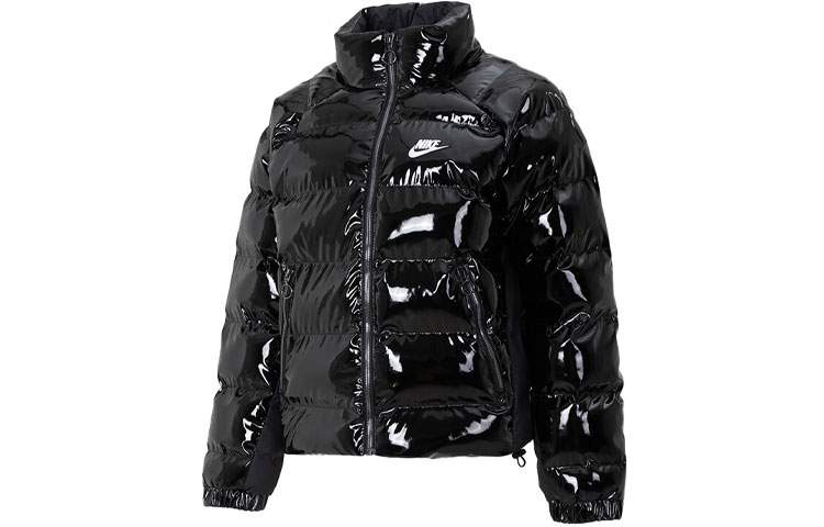 (Women) Nike Black Glossy Puffer Jacket with Logo and Stand Collar Long Sleeves. FQ3575-010