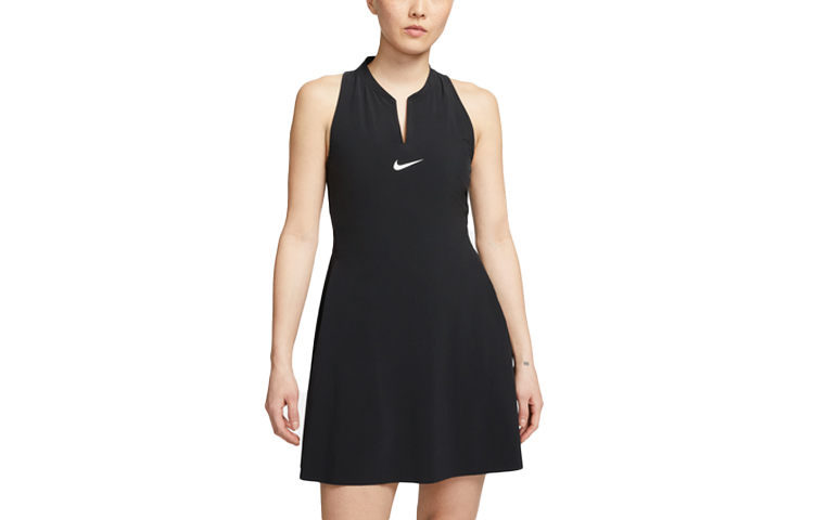 (Women) Nike Black V-Neck Sleeveless Tennis Dress with Logo and Breathable Design DX1428-010
