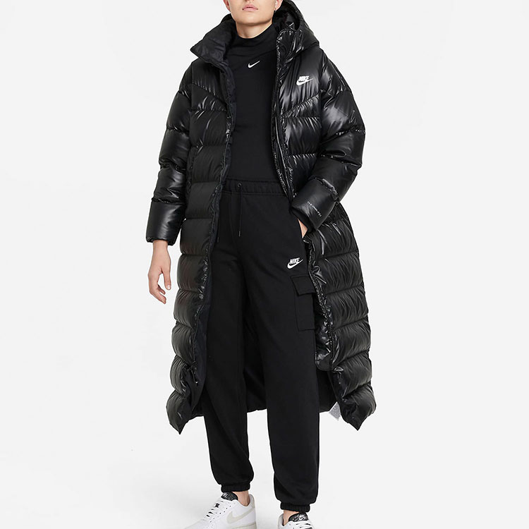 Shop (Women) Nike Logo Print Long Puffer Jacket Hooded Black. DH4082-010