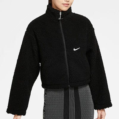 (Women) Nike Solid Velvet Stand Collar Jacket Black CU6640-010 Shop (Women) Nike Solid Velvet Stand Collar Jacket Black CU6640-010