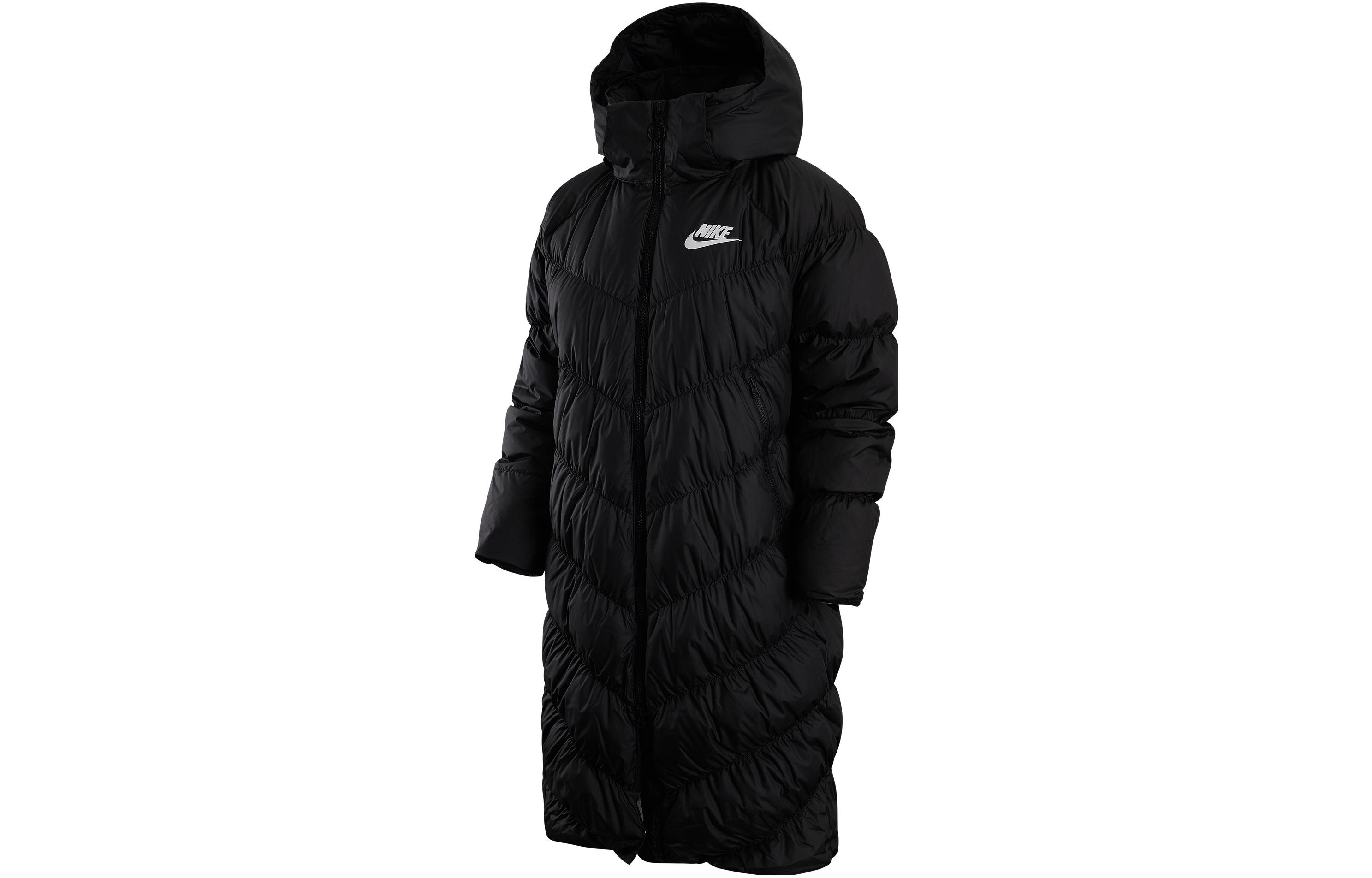 Buy (Women) Nike Sportswear  Black Long Down Jacket with Contrast Logo Print. DV0775-010