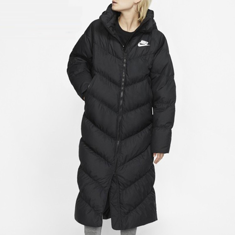 Purchase (Women) Nike Sportswear  Black Long Down Jacket with Contrast Logo Print. DV0775-010