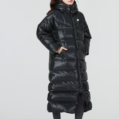 (Women) Nike Therma-FIT Black City Parka Long Down Jacket with Logo Print. DV0571-010 Details for (Women) Nike Therma-FIT Black City Parka Long Down Jacket with Logo Print. DV0571-010