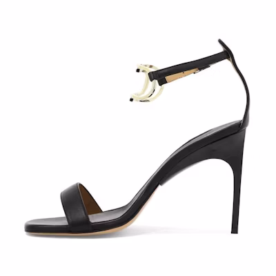 (W) Off-White 'Black Leather Buckle Stiletto Sandals'