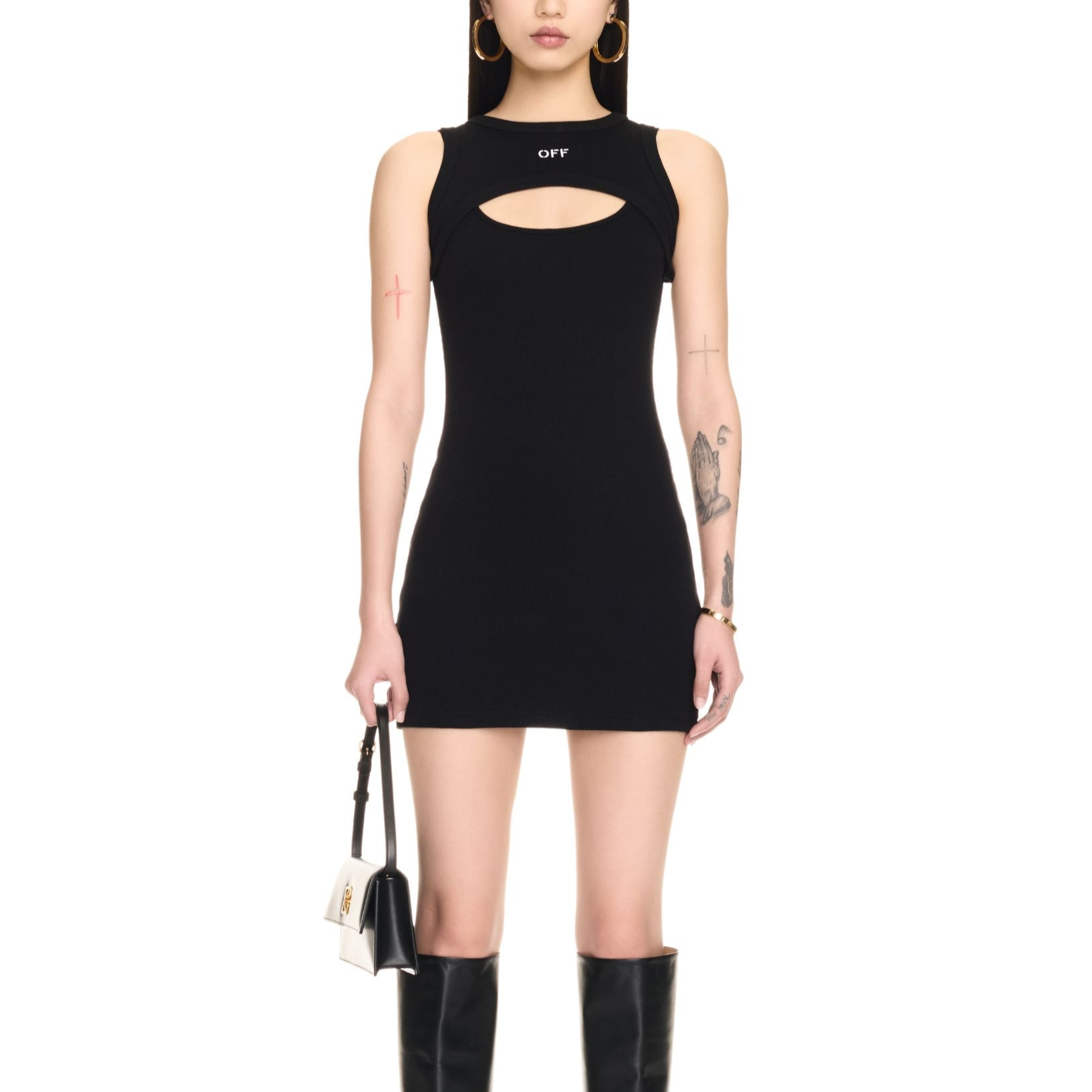 Lookbook (W) OFF-WHITE 黑色印花羅紋無袖迷你連身裙 OWDB496C99JER0011001