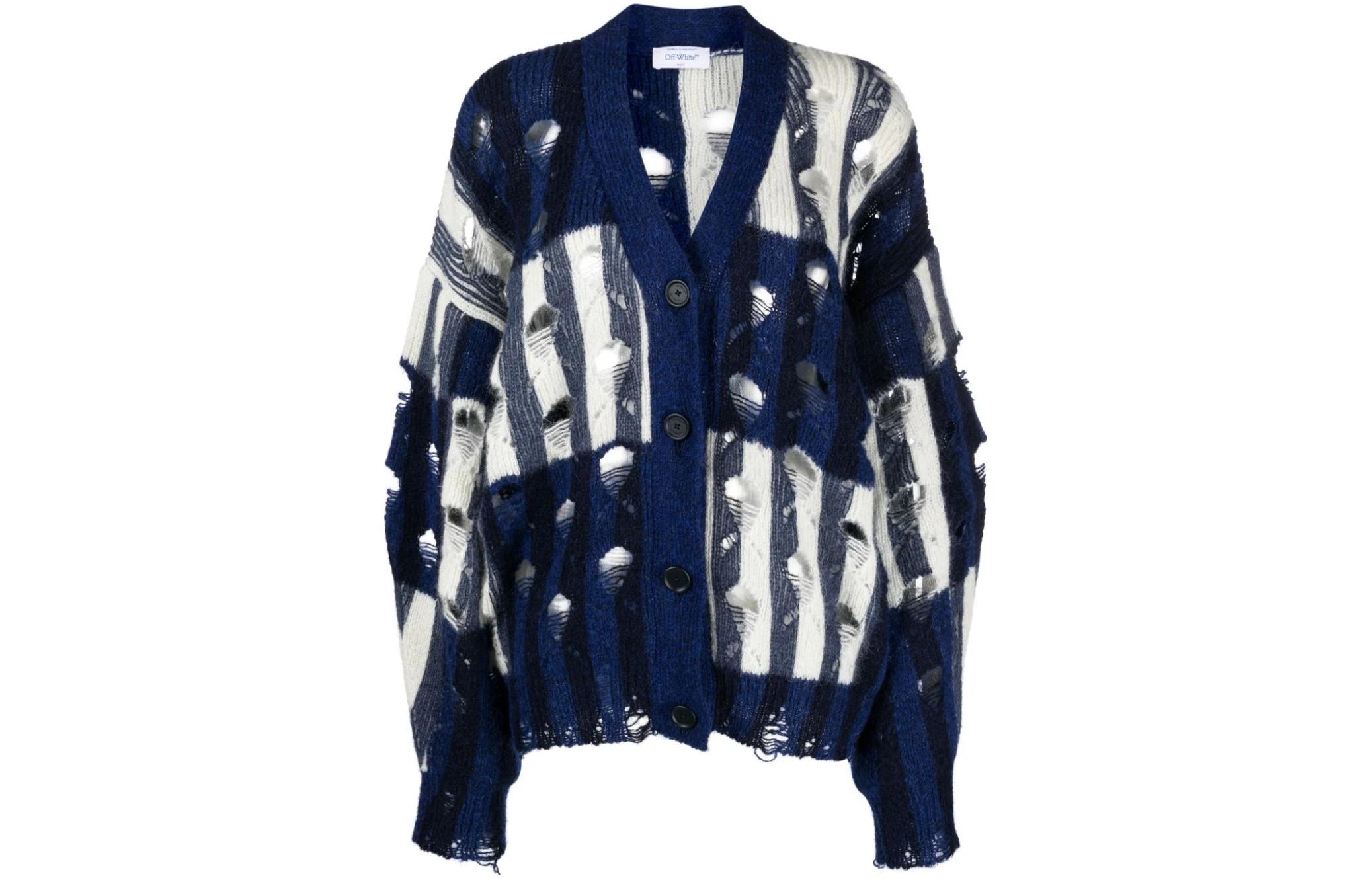 (Women) OFF-WHITE  Blue Striped Knit Cardigan Sweater - Regular Fit OWHB040F23KNI0014504