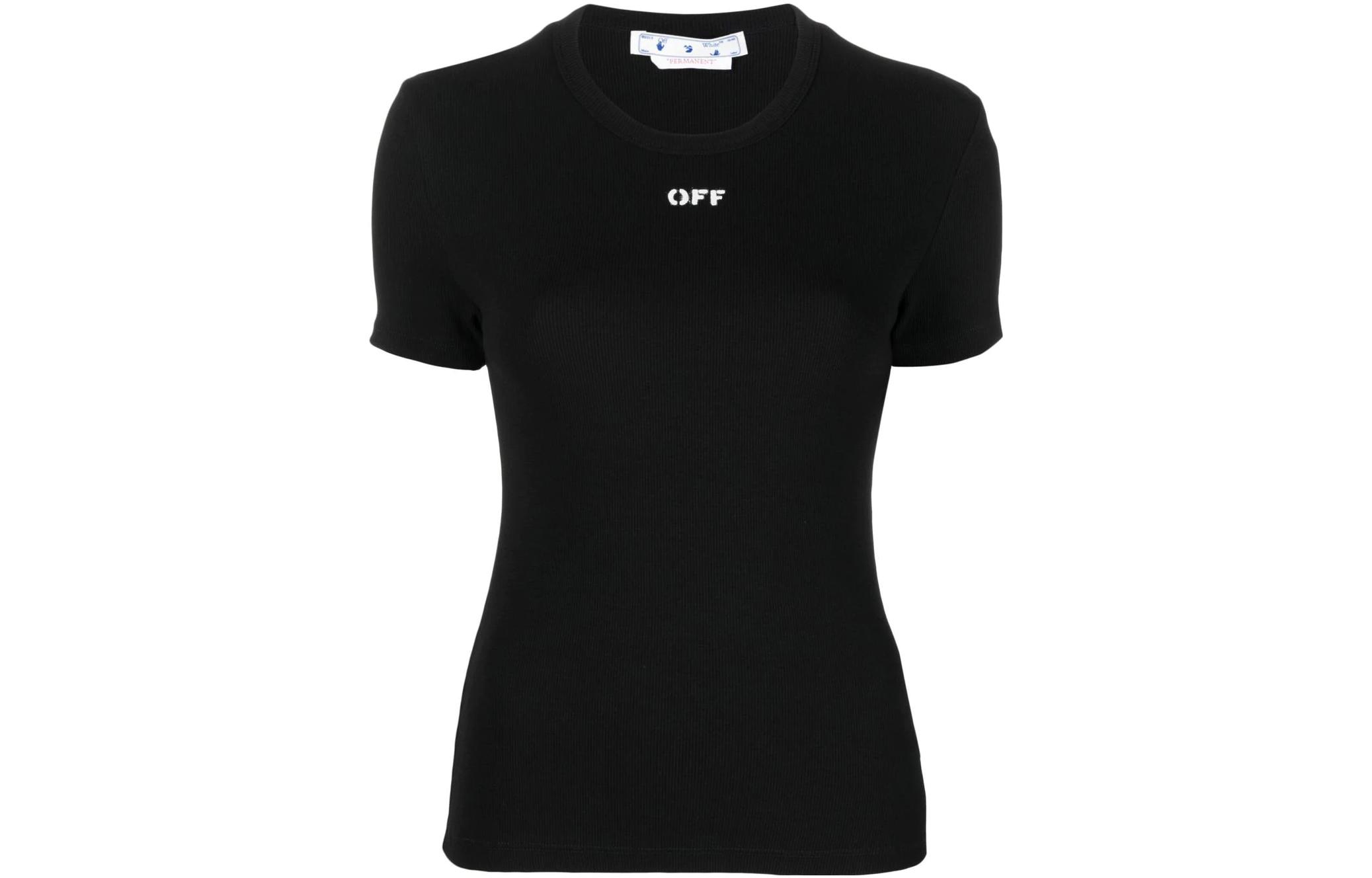 (Women) OFF-WHITE  Logo Print Ribbed Short Sleeve T-Shirt Black OWAA065C99JER0021001
