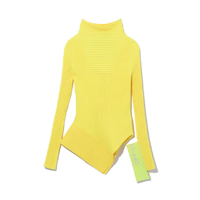 (Women) OFF-WHITE Asymmetric Hem Turtleneck Knit Sweater Yellow. OFWKNF00506XDYEX