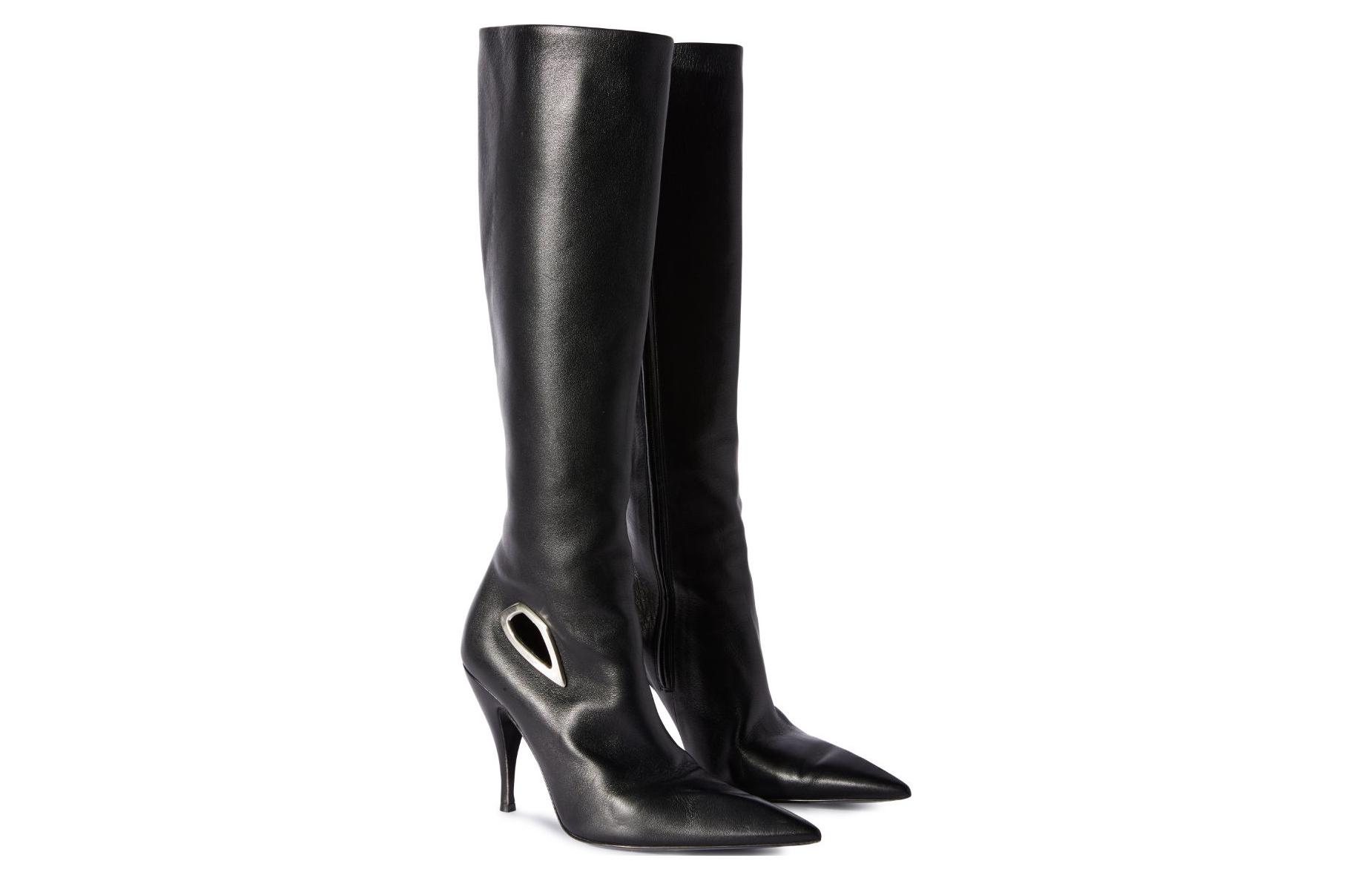 Shop (Women) Off-White Crescent Knee High Leather Boots 'Black' OWIE040F23LEA0011072