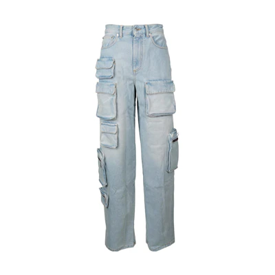 (Women) OFF-WHITE FW22 Washed Wide-Leg Jeans Light Blue Loose Fit OWYB012F22DEN0014000