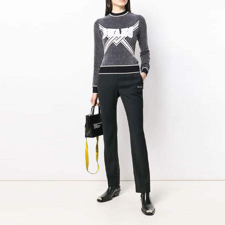 Lookbook (W) OFF-WHITE Logo Sulaman Slim Fit Crewneck Sweater Wanita Kelabu OWHE013E19B700731002