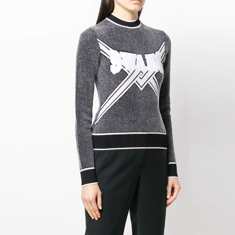 Shop (W) OFF-WHITE Logo Sulaman Slim Fit Crewneck Sweater Wanita Kelabu OWHE013E19B700731002