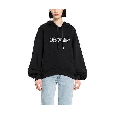 (Women) Off-White Slim Fit Black Hoodie with Drawstring and Letter Print OWBB058C99FLE0011001