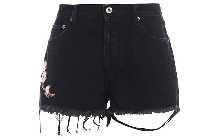 (Women) OFF-WHITE SS21 Floral Embroidered Denim Shorts Black Regular Fit OWYC002R197740618601