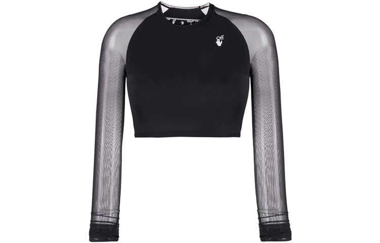 (Women) OFF-WHITE SS21 Logo Print Sheer Long Sleeve Crop Top Black OWVO021E20JER0011001