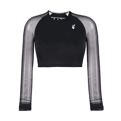 (Women) OFF-WHITE SS21 Logo Print Sheer Long Sleeve Crop Top Black OWVO021E20JER0011001