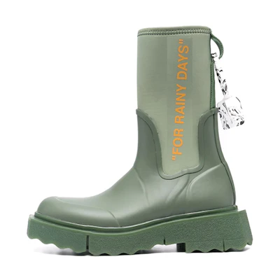 (W) Off-White Zip-Tie Rain Boot 'For Rainy Days - Green'