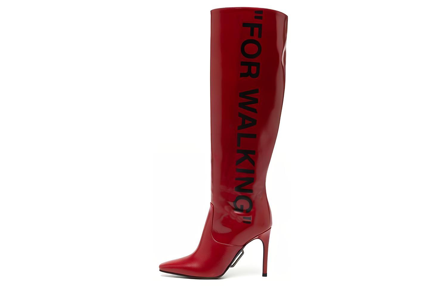 (W) Off-White Zip-Tie Square Toe High Boots 'Red Leather'