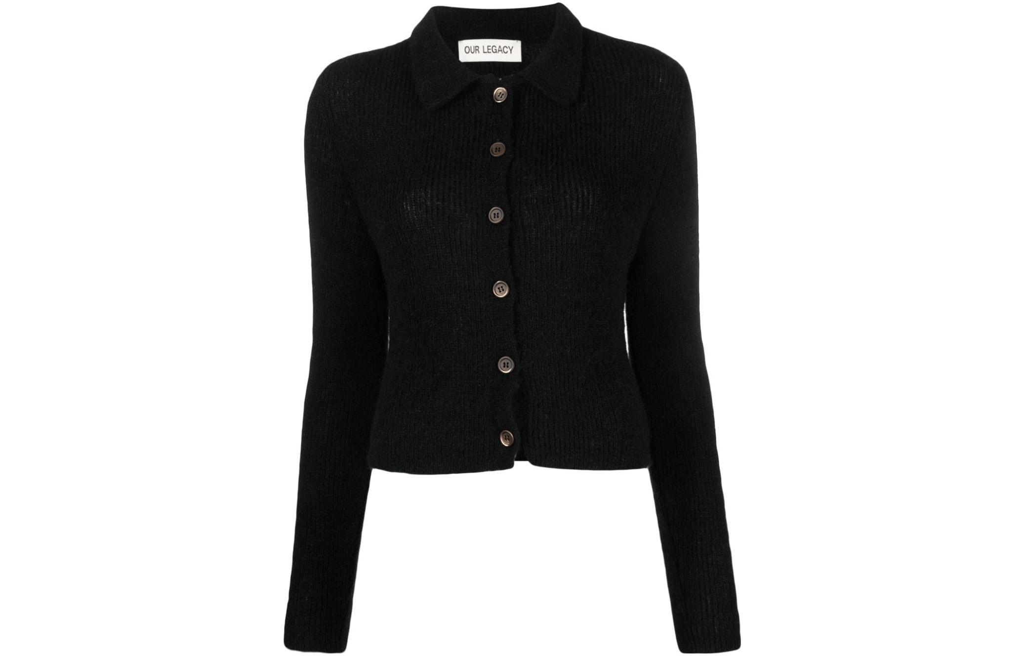 Order (W) OUR LEGACY FW23 Kardigan Rajut Hitam Solid dengan Kancing Fitted. W4233MB