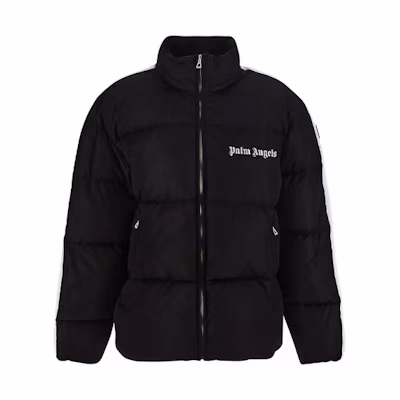 (Women) PALM ANGELS FW22 Black Logo Print Striped Padded Jacket. PWED014F22FAB0011001