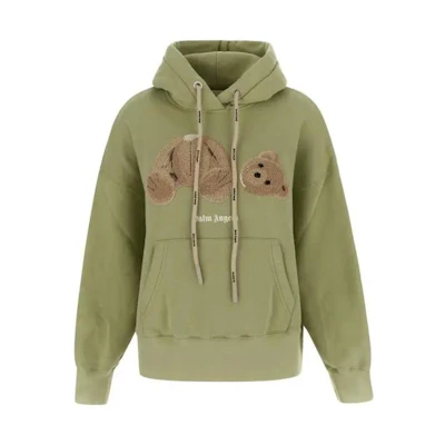 (Women) PALM ANGELS FW22 Cartoon Pattern Knit Hoodie Avocado Green Pullover PWBB023F22FLE0035160