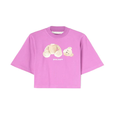(Women) Palm Angels FW22 Pink Bear Print Crop T-Shirt Short Sleeve Top. PWAA020C99JER0113760