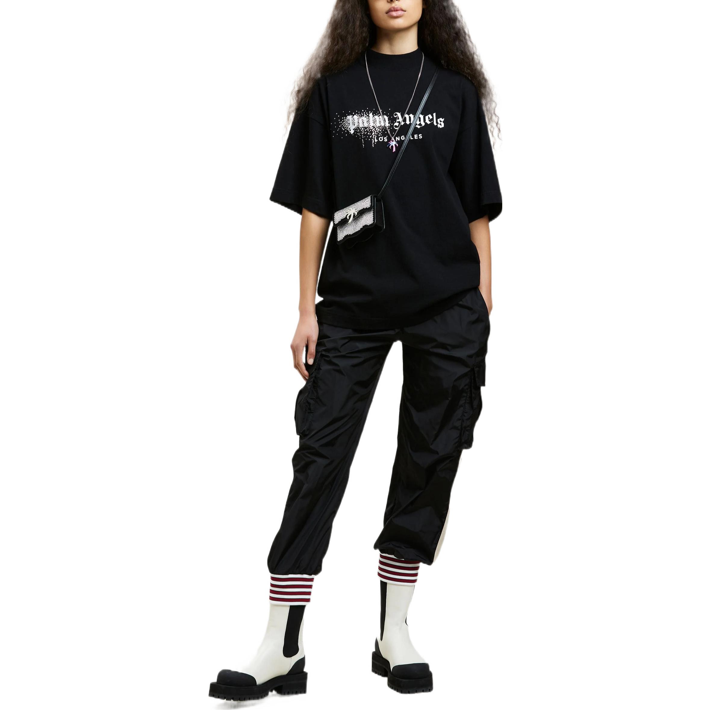 Lookbook (W) Palm Angels FW22 水鑽標誌印花女款黑色圓領T恤 PWAA017F22JER0021001