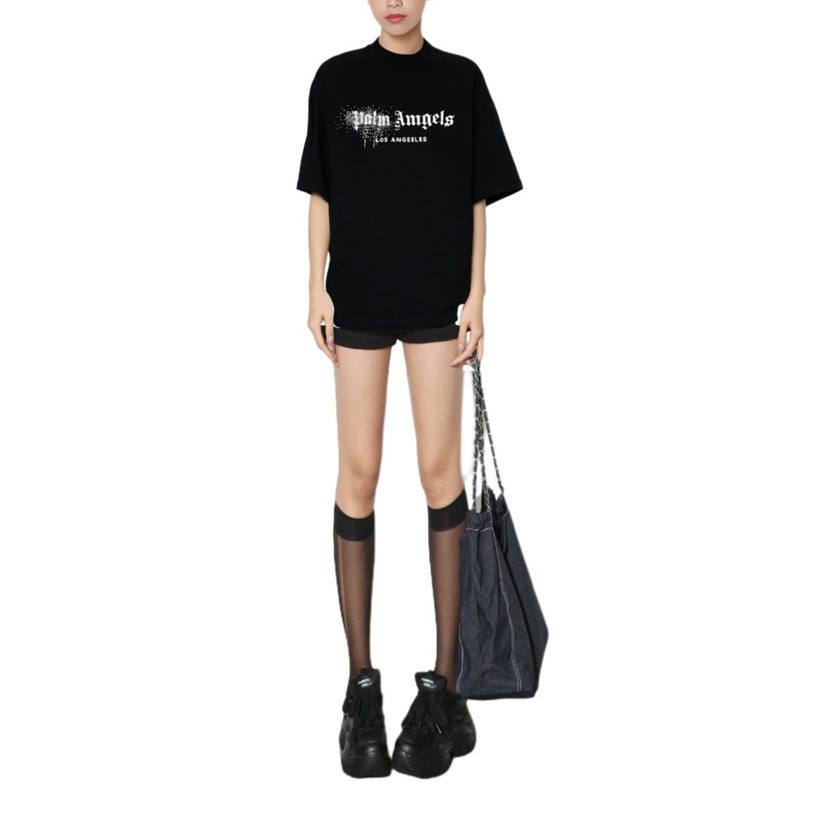 Sizing (W) Palm Angels FW22 水鑽標誌印花女款黑色圓領T恤 PWAA017F22JER0021001