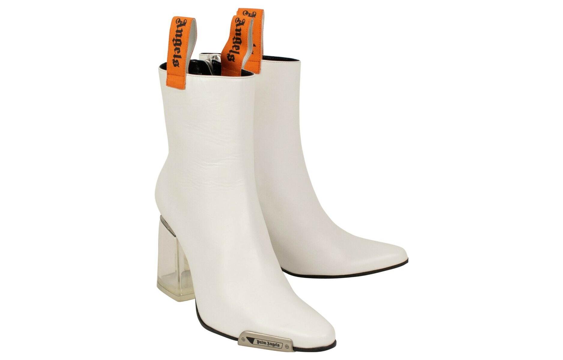 (W) Palm Angels Round Toe Chunky Heel Slip-On Boots 'White Leather' 圖 3