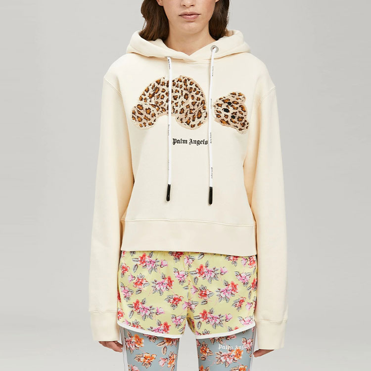 Shop (Women) Palm Angels SS22  Beige Leopard Bear Hoodie Long Sleeve PWBB022S22FLE0010360