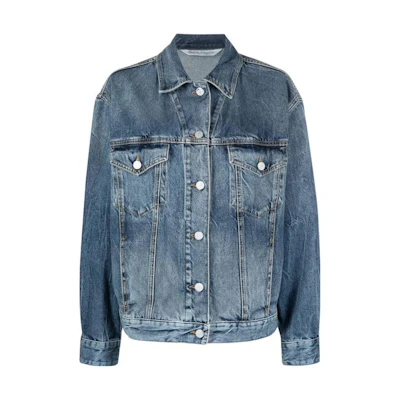 (Women) PALM ANGELS SS23 Washed Logo Sunrise Print Denim Jacket Women Light Blue. PWYE032S23DEN0024784