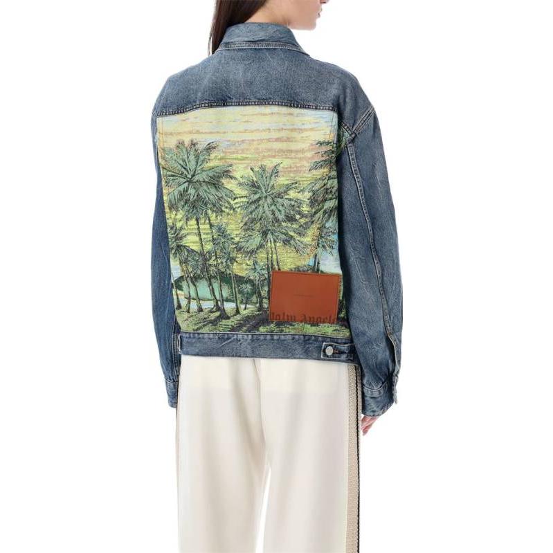 Shop (Women) PALM ANGELS SS23 Washed Logo Sunrise Print Denim Jacket Women Light Blue. PWYE032S23DEN0024784
