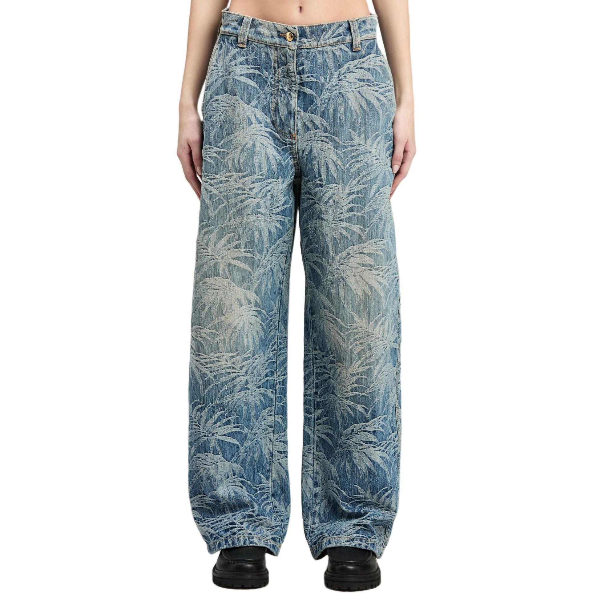 Lookbook (Women) Palm Angels Washed Printed Loose Fit  Denim Jeans Blue. PWYB027F24DEN0014903