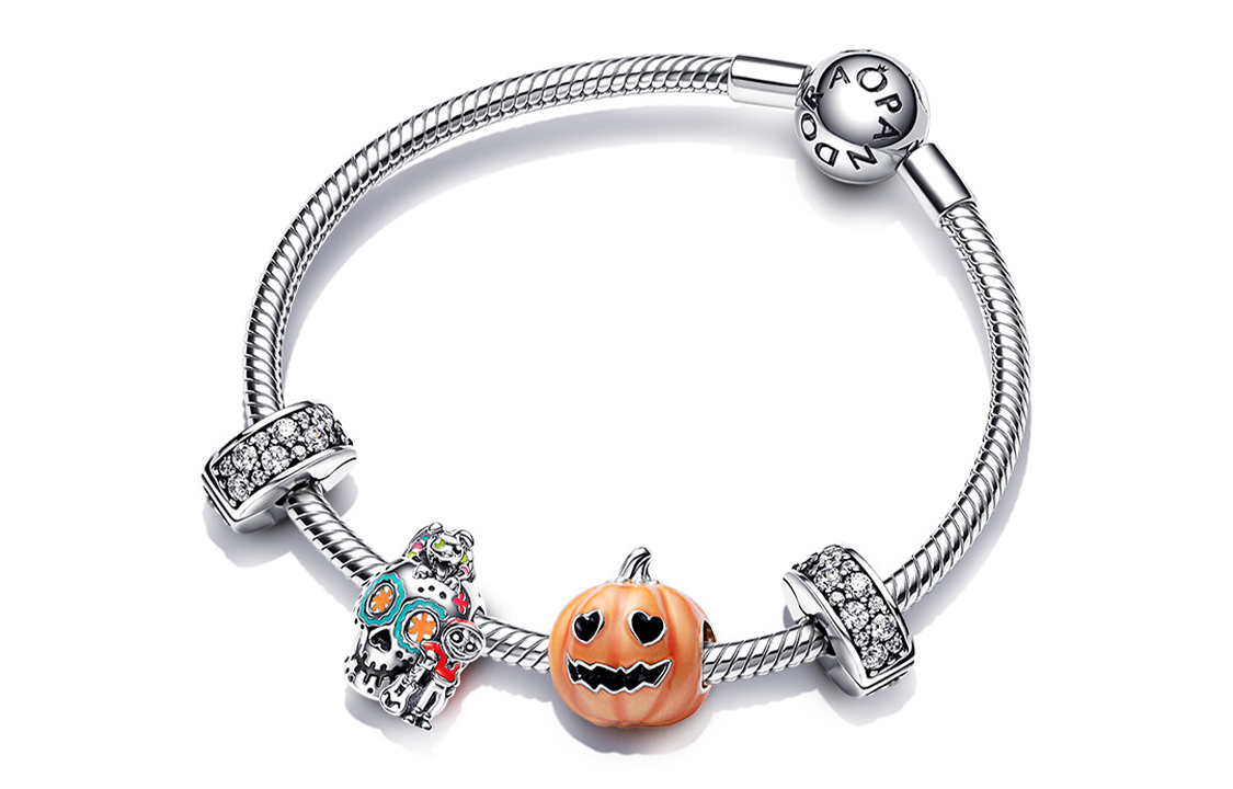 (Women) Pandora Glow-in-the-Dark Pumpkin Charm Bracelet 925 Silver for Women. 562964C00-3