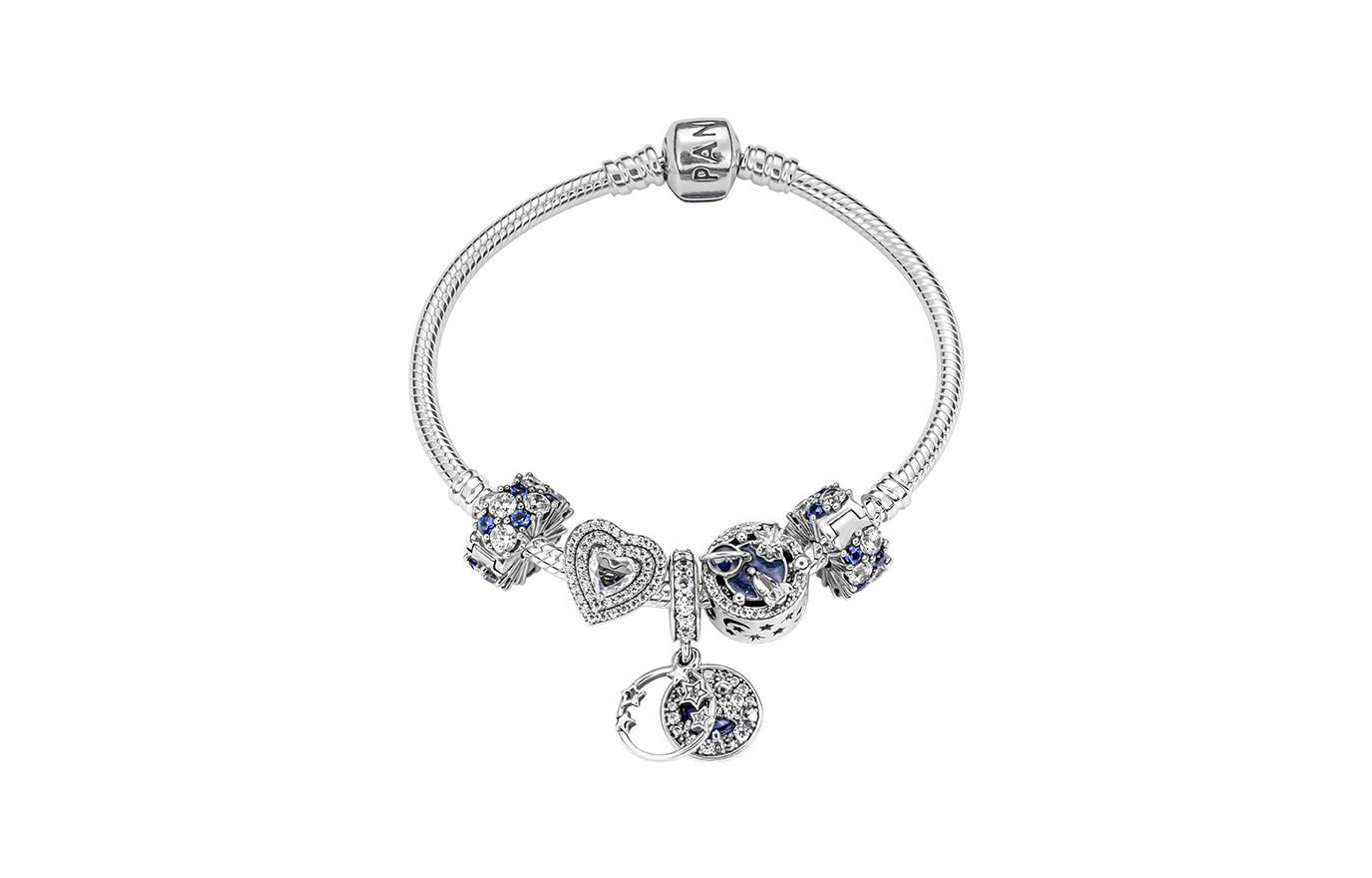 (Women) Pandora Icy Blue Shimmering Heart Angel Wing Set 925 Silver  Bracelet. ZT-0343