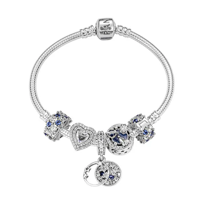 (Women) Pandora Icy Blue Shimmering Heart Angel Wing Set 925 Silver Bracelet. ZT-0343