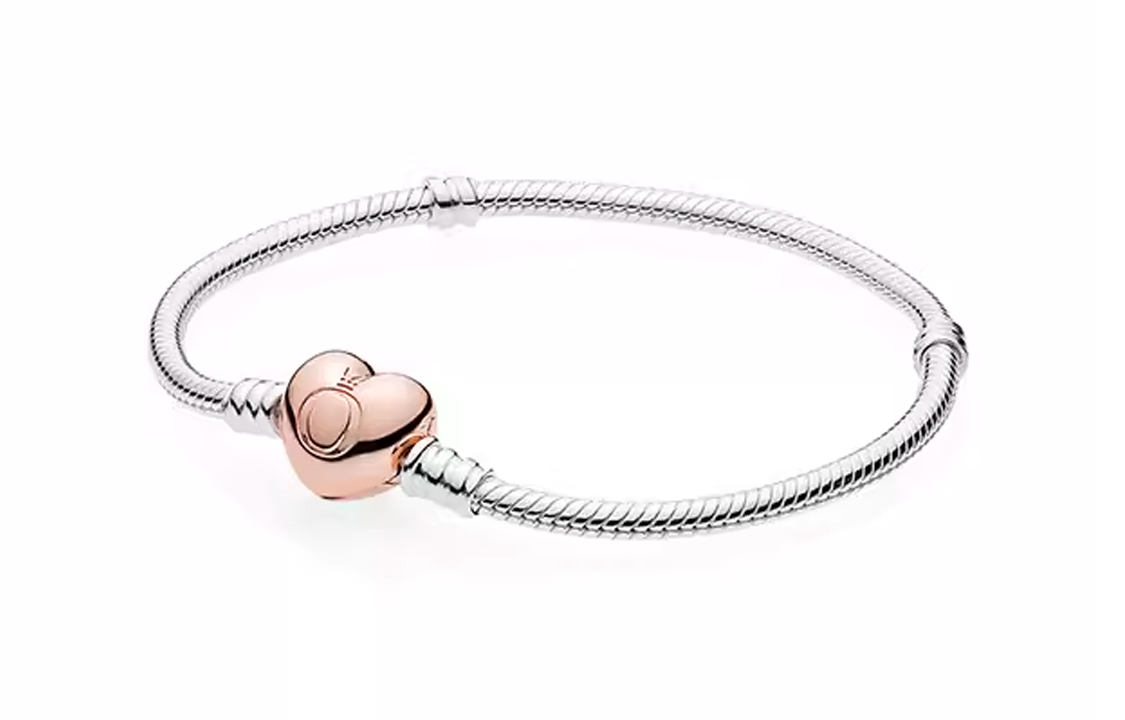 (Women) Pandora Moments Rose Heart Clasp 925 Silver Alloy Bracelet for Women - Silver/Gold. 580719