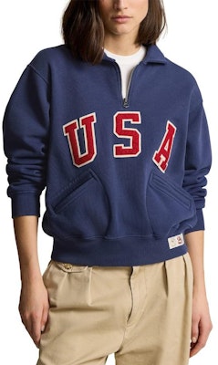 (W) Sweatshirt Separuh Zip Wanita Polo Ralph Lauren Team USA Paris Olympics Biru. 200938517 Order (W) Sweatshirt Separuh Zip Wanita Polo Ralph Lauren Team USA Paris Olympics Biru. 200938517