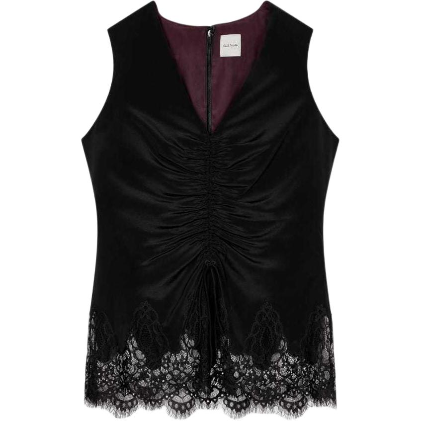 (Women) Paul Smith FW24 Black Lace Trim Sleeveless V-Neck Pleated Top W1R-357M-N10618-79